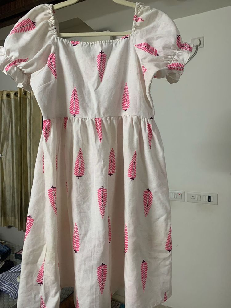 White Cotton Dress with Pink Leaf Print