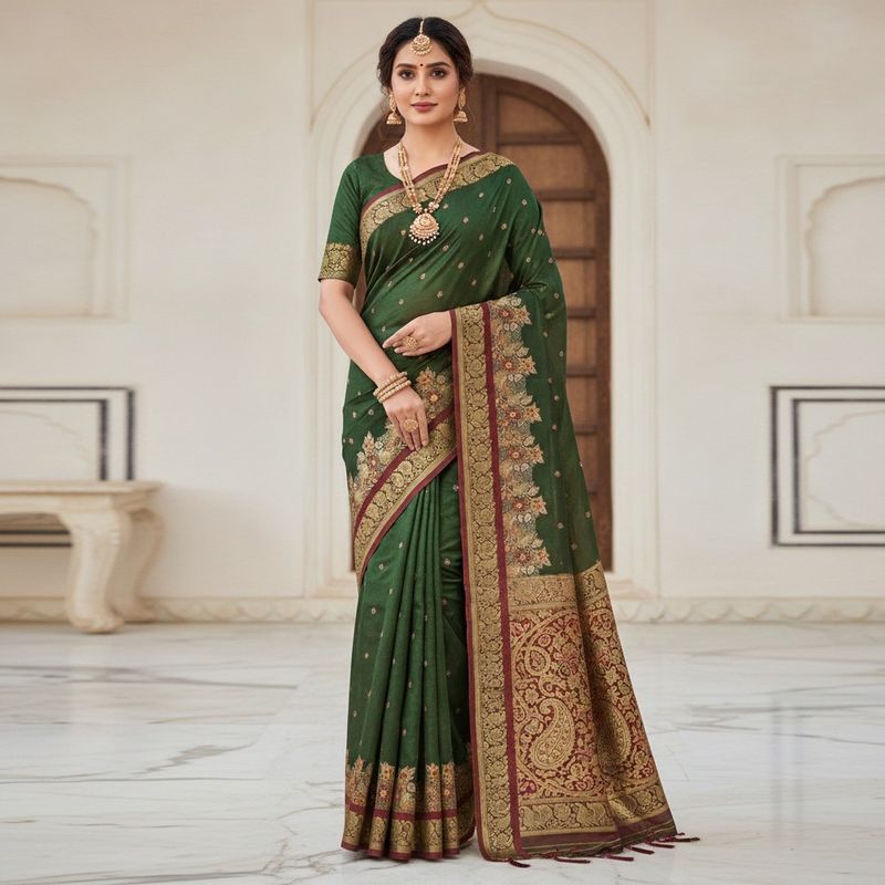 Elegant Green Saree with Intricate Borders