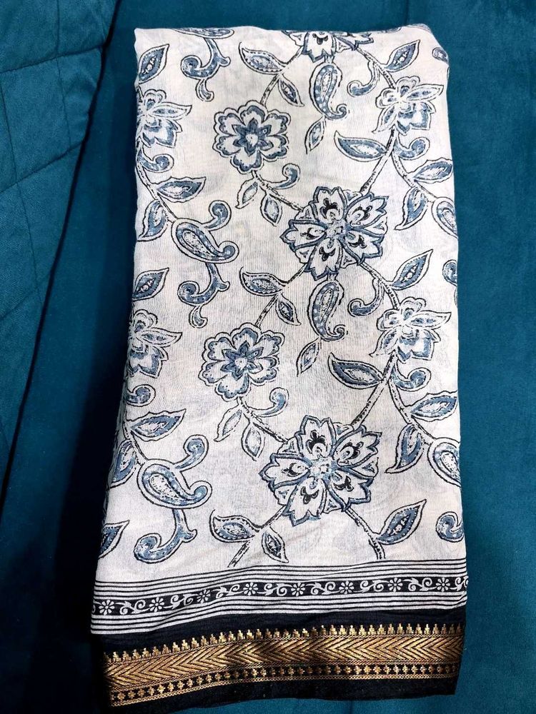 White &amp; Blue Floral pen kalamkari saree✨