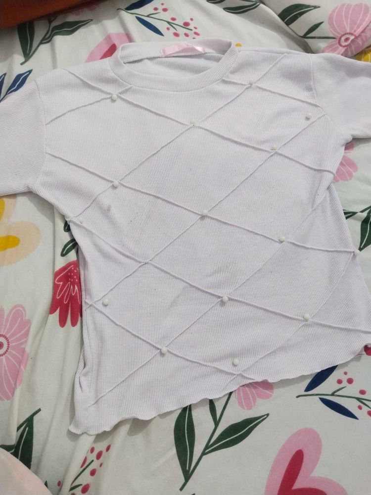 White Pearl Embellished T-Shirt