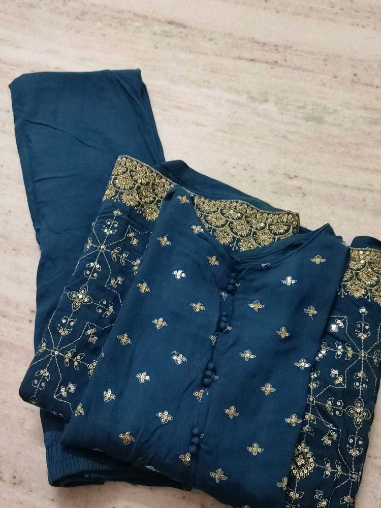 Elegant Teal Kurta with Golden Embellishments (two
