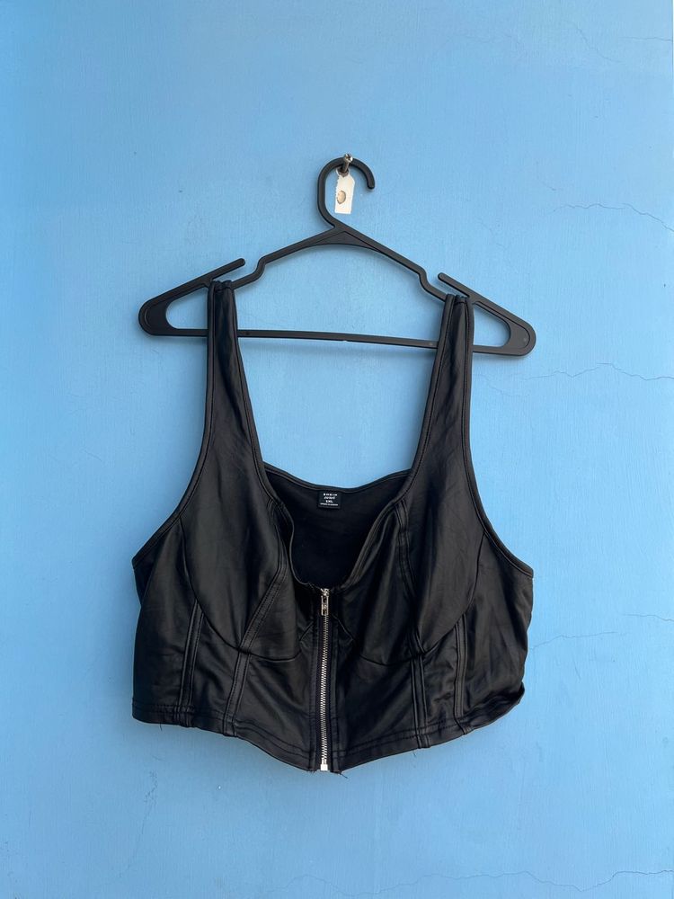 Black Faux Leather Zipper Corset Top