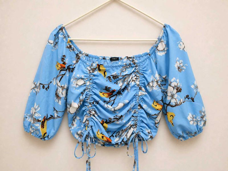 Blue Floral Print Ruched Crop Top