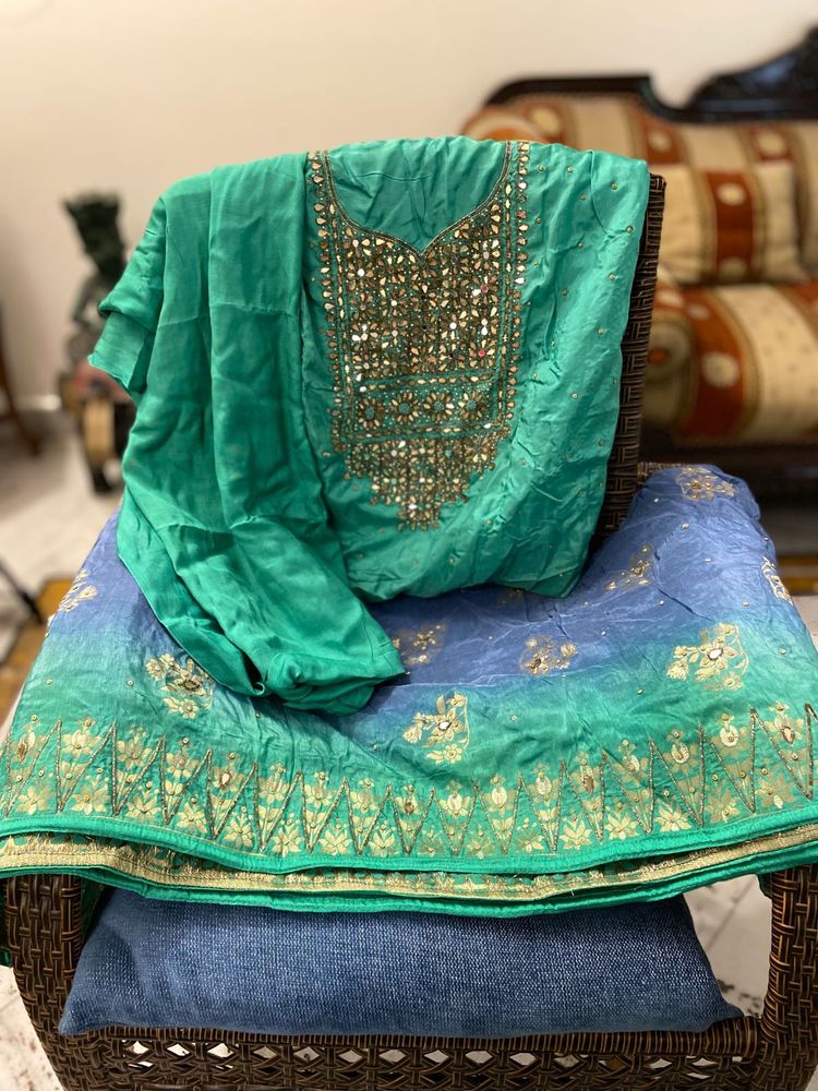 Beautiful Green &amp; Blue unstich 3 peice Kurta Set