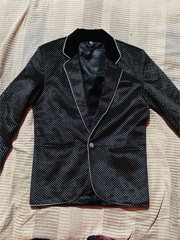 Men's Black Blazer with White Polka Dots