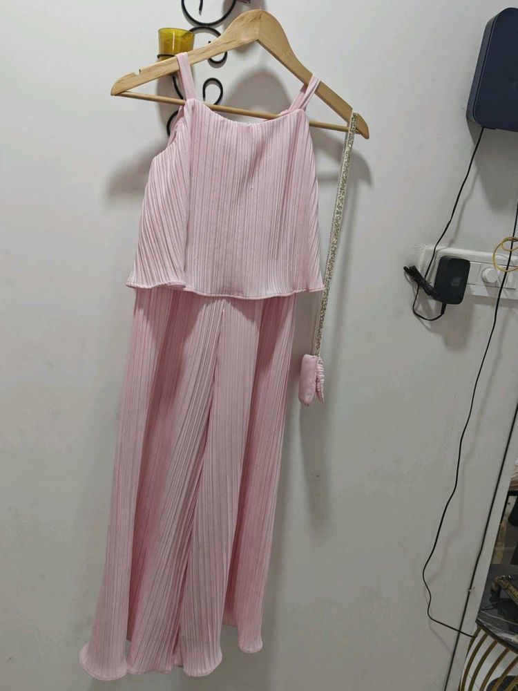Pink Pleated Jumpsuit with Matching Bag