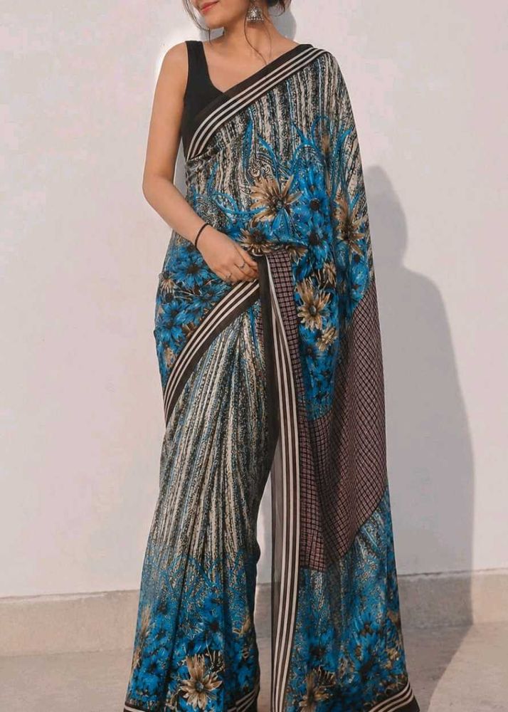 Beautiful Blue Floral Print Saree
