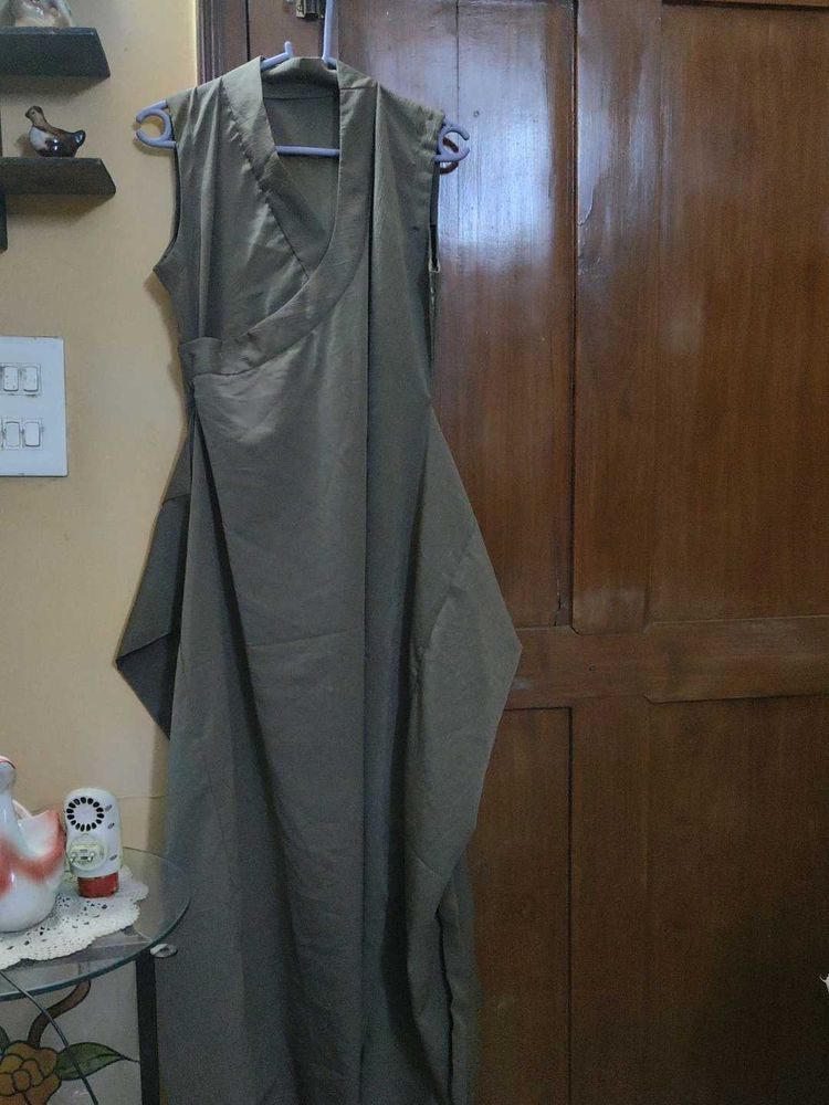 Stylish Olive Green long winter Gown overlapping