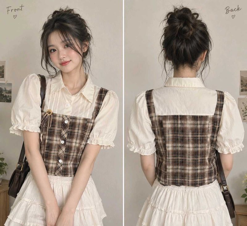 Plaid Layered Puff Sleeve Top