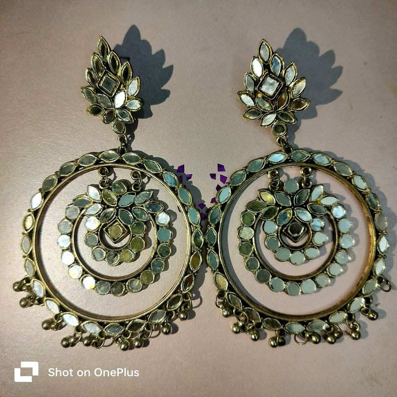 Long Mirror Worked Chandbali Earrings