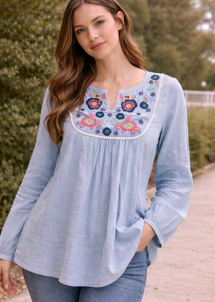 Embroidered Blue Cotton Kurta