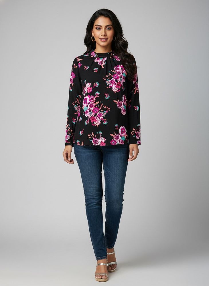 Chic Black Floral Print Top