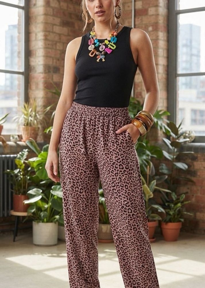 Brand New Pink Leopard Print Wide Leg Pants