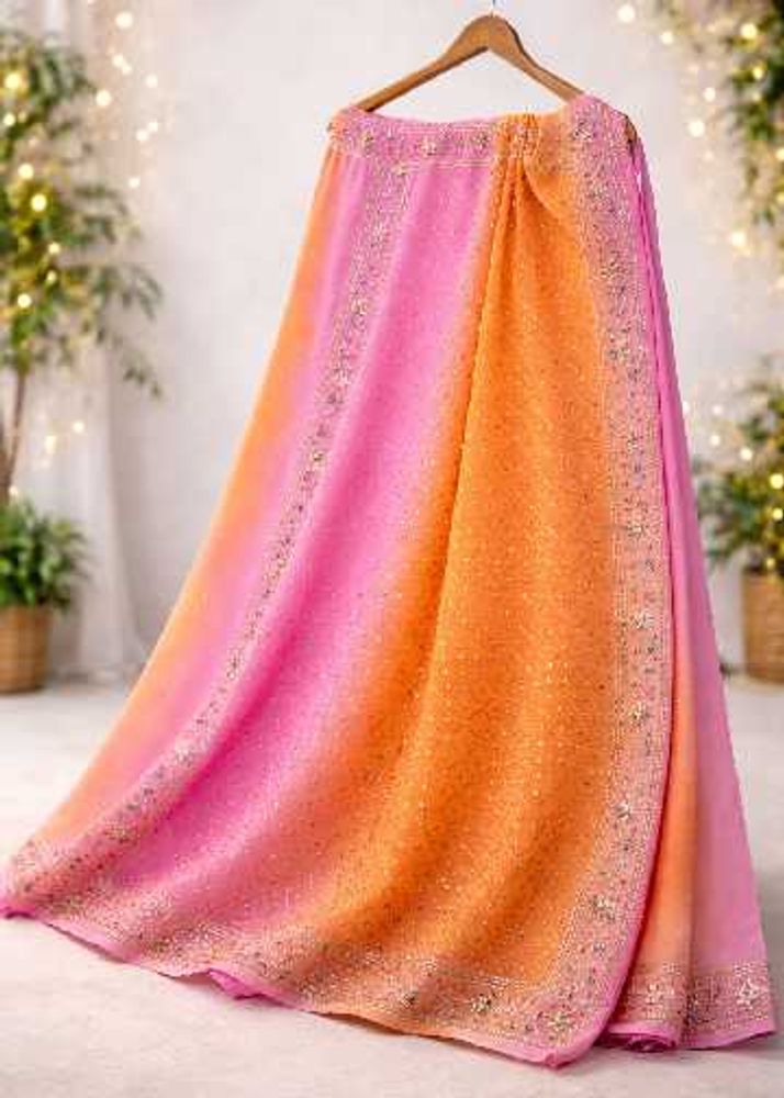 Ombre Pink &amp; Orange Embellished Saree