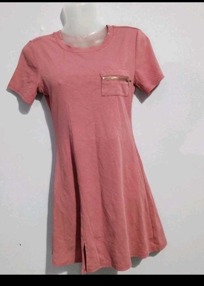 Pink T-Shirt Dress with Zipper Pocket