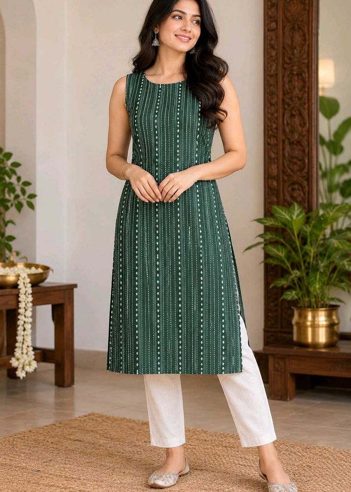 Bottle Green Printed Sleeveless Straight Kurti