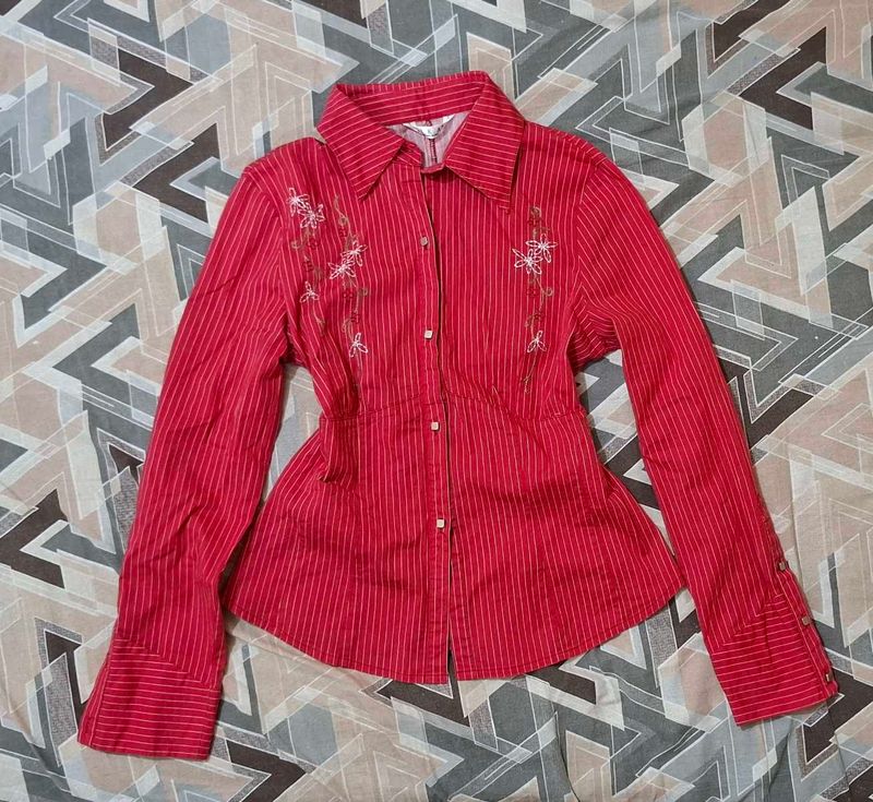 Red Striped Embroidered Button-Up Shirt