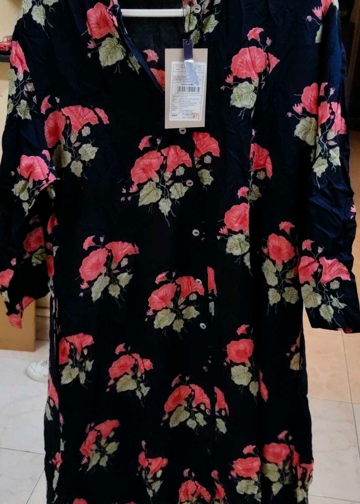 Black Floral Print Kurta