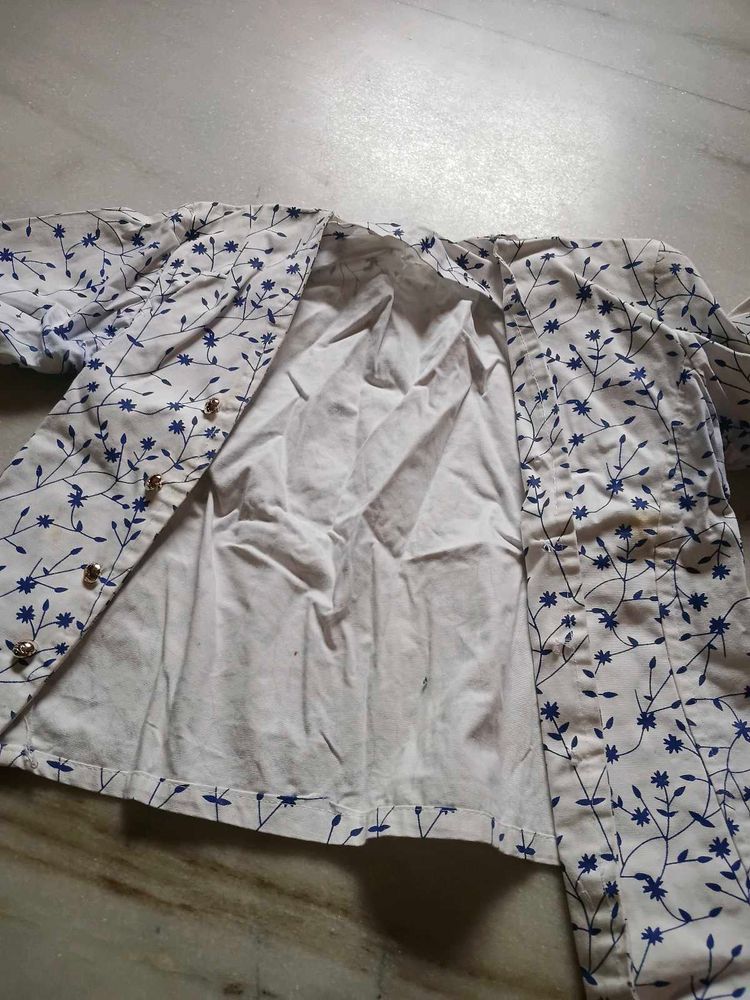 White Kurta with Blue Floral Print