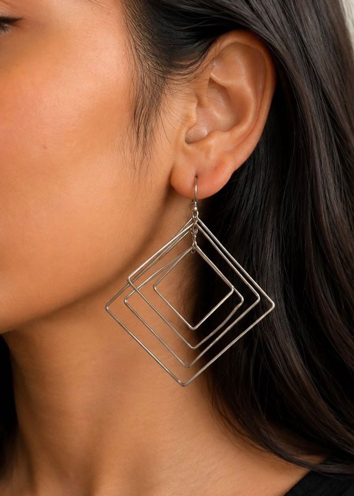 Silver Geometric Square Dangle Earrings