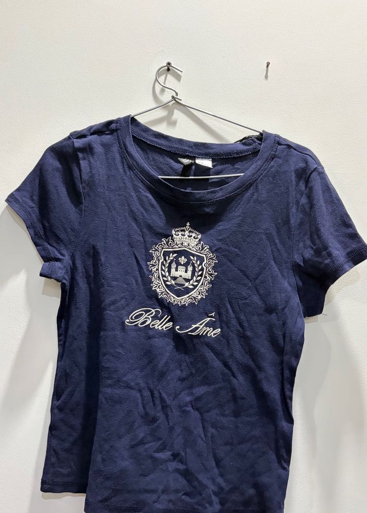 H&amp;M Embroidered Navy fitted T-Shirt
