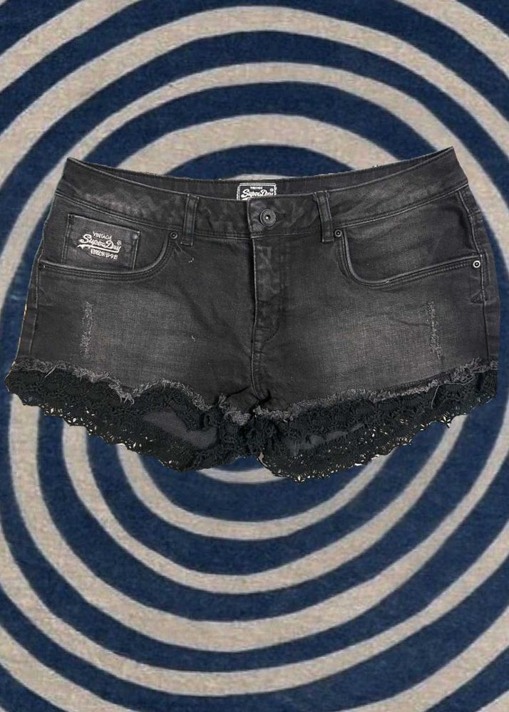 Superdry Black Denim Shorts with Lace Trim