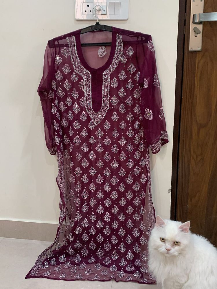 Burgundy Embroidered Chikankari Kurta