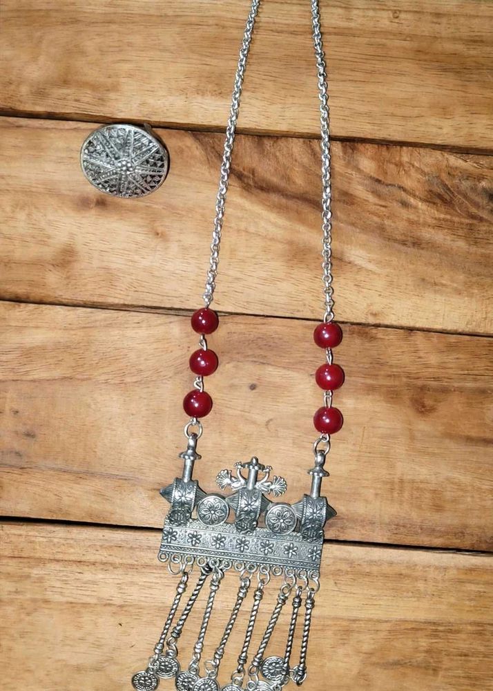 Vintage Oxidised Silver Necklace &amp; Ring Set