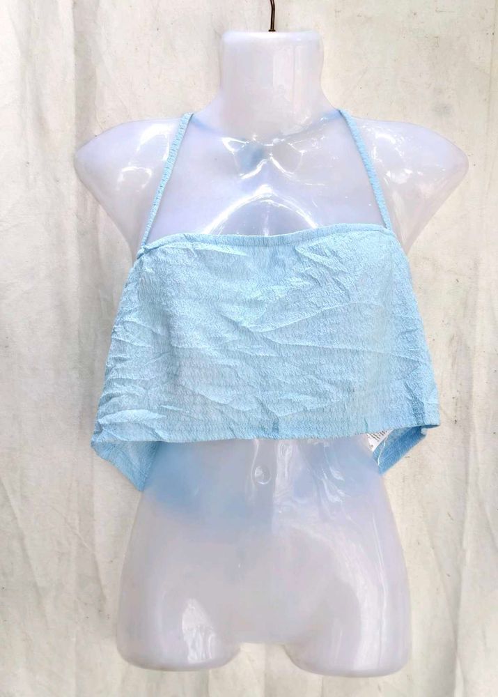 Light Blue Crinkle Halter Neck Crop Top
