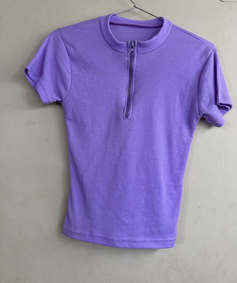 Purple Ribbed Zip-Up Top