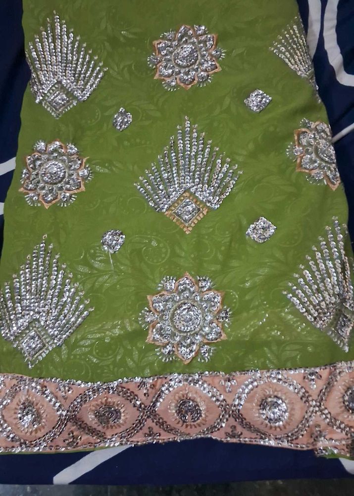 shimmer  Green  chamki saree with blouse