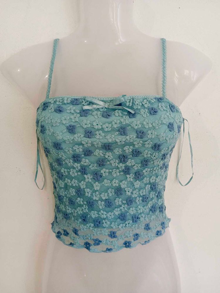 Blue Lace Floral Crop Top