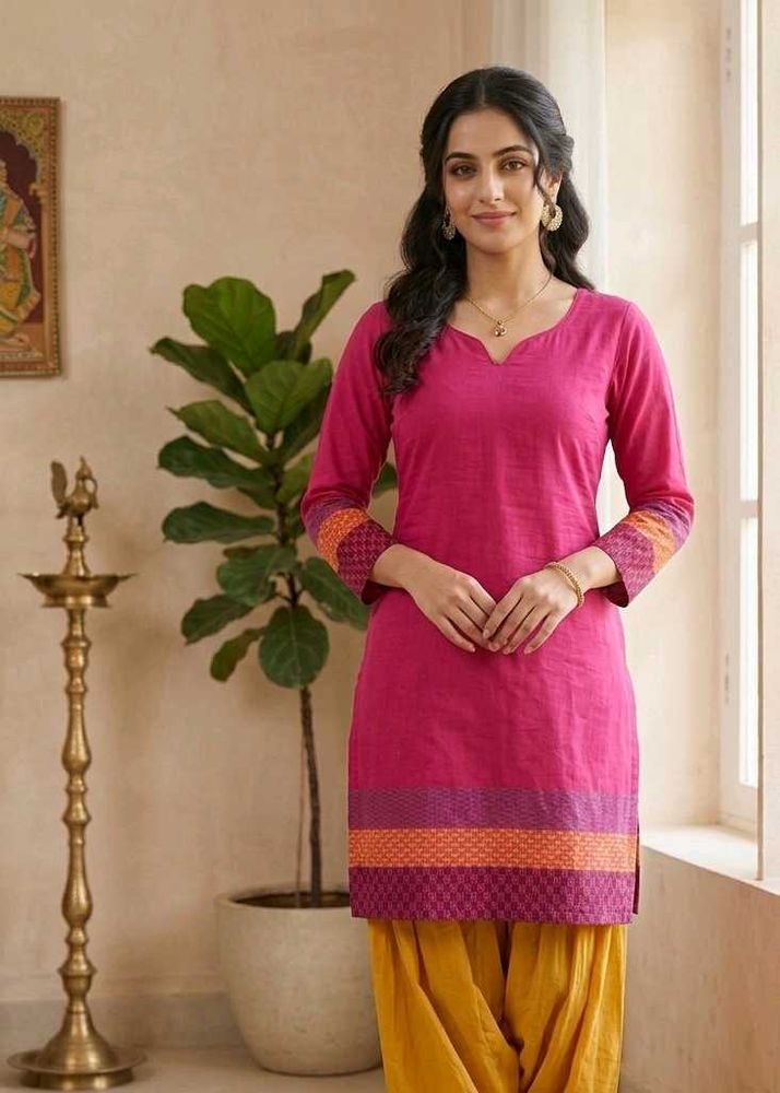 Vibrant Pink Kurta with Patterned Sleeves