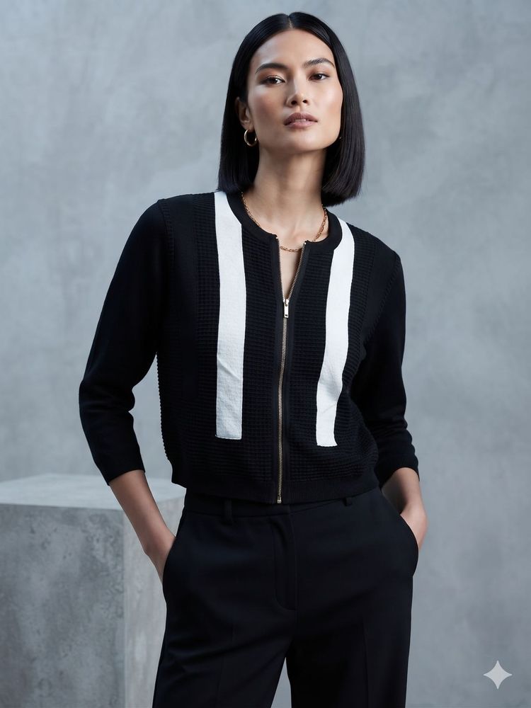 Chic Black &amp; White Striped Zip-Up Cardigan