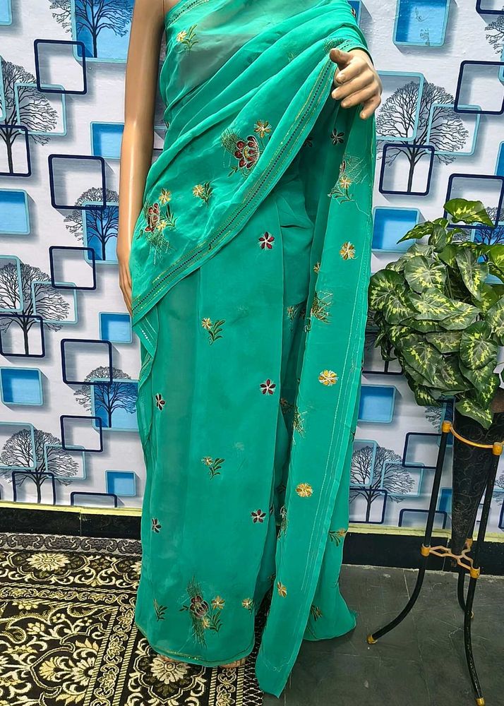 Elegant Teal Embroidered Saree Sea green