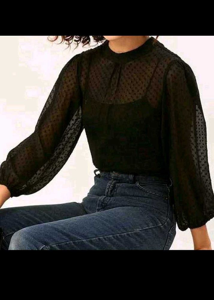 Chic Black Sheer Dot Blouse