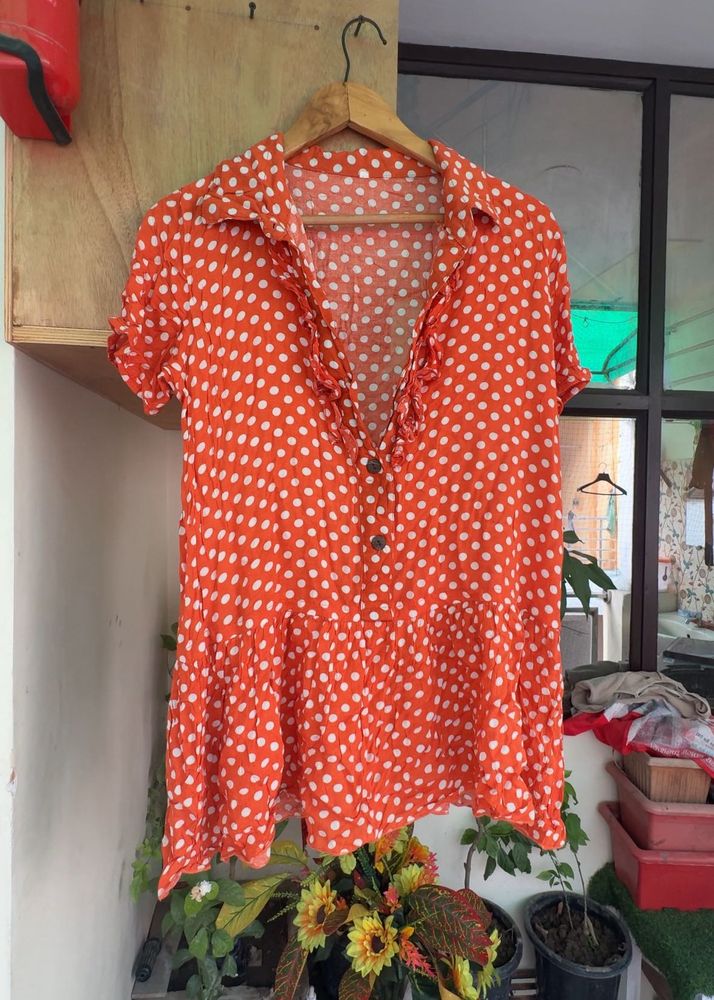Orange Polka Dot Button-Up Top