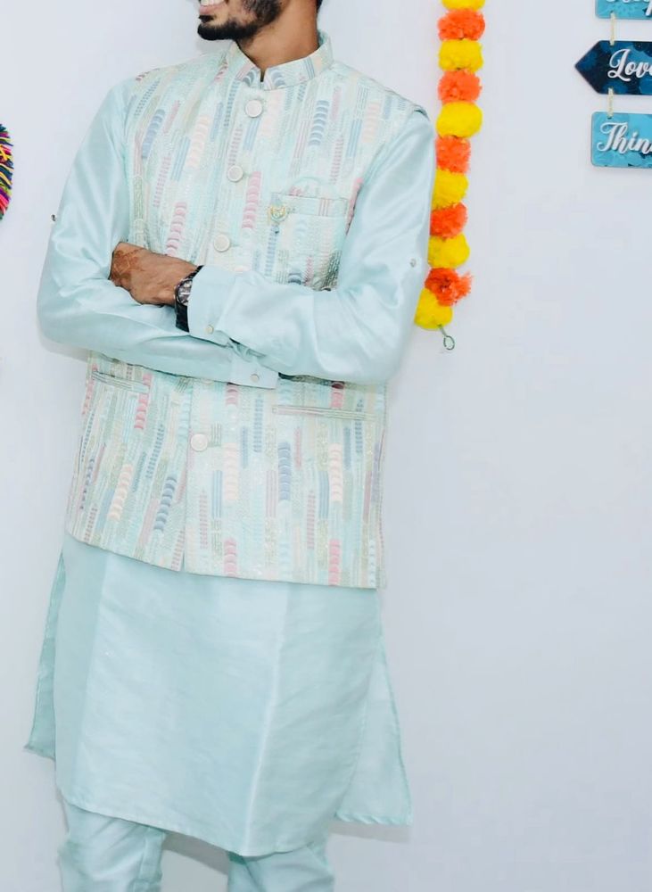 Men's Light Blue Kurta with Nehru Jacket