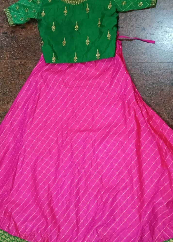 Embellished Green Silk Blouse with pink lehenga