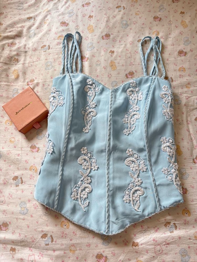 Sky Blue Corset Top with White Embroidery
