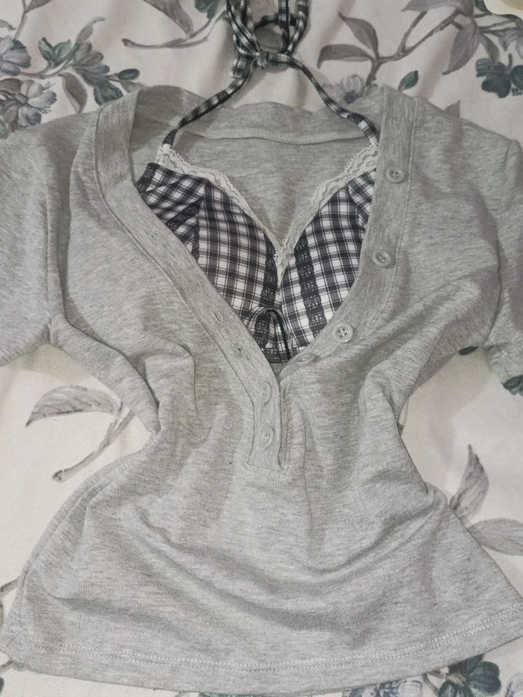 Cute Grey Pyjama Set with Checkered Top