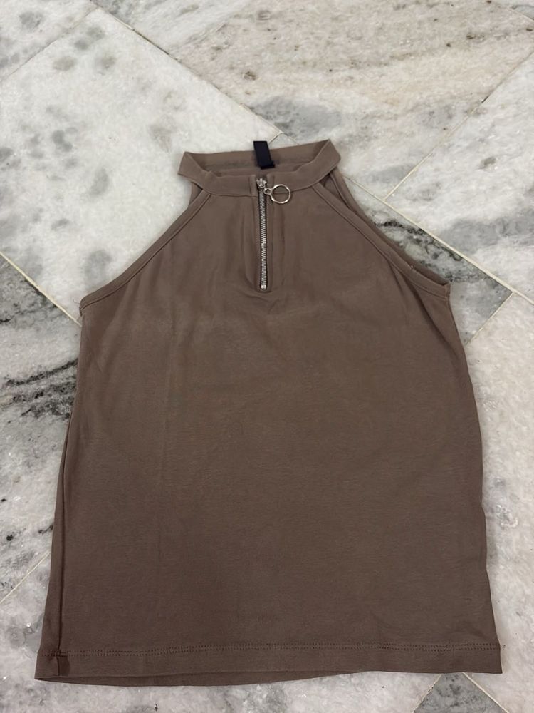 Brown Zip Neck Halter Top