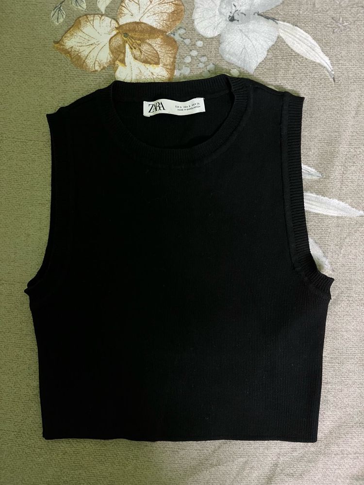Zara Black Ribbed Sleeveless Top