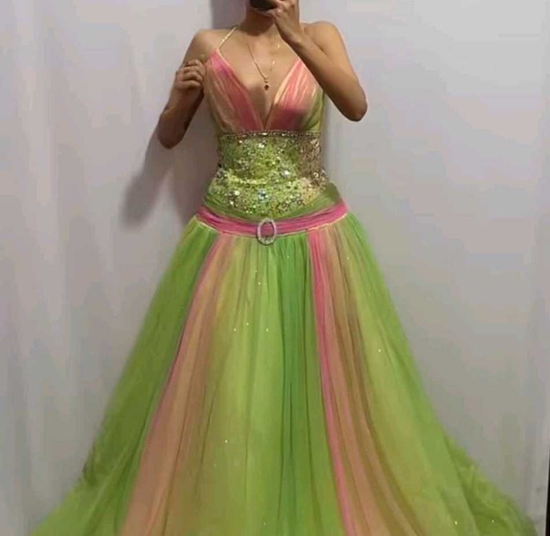 Stunning Green &amp; Pink Evening ball Gown princess