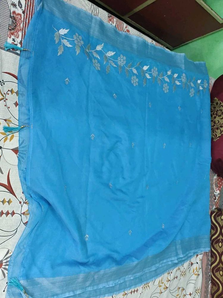 Beautiful Blue Saree with Floral Embroidery