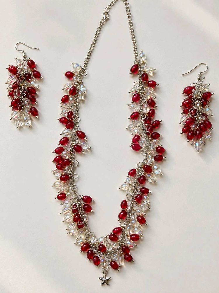 Red &amp; Clear Beaded Necklace &amp; Earrings Set