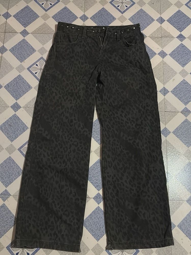 Stylish Leopard Print Wide Leg Jeans