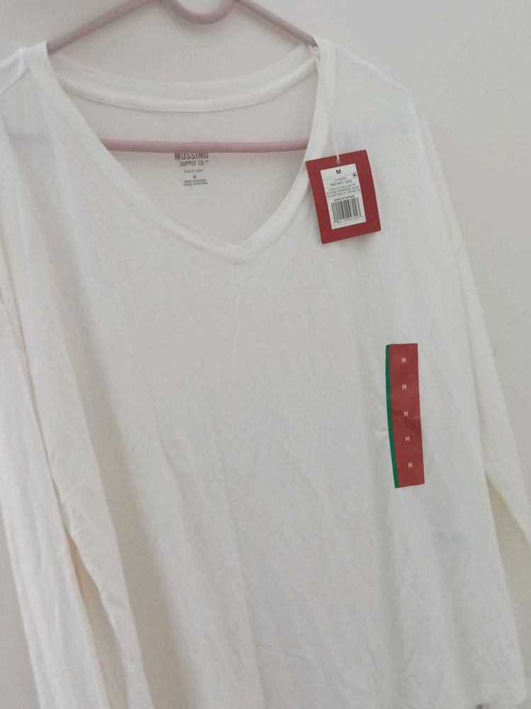 White V-Neck Long Sleeve Tee - Medium( Pack 2)