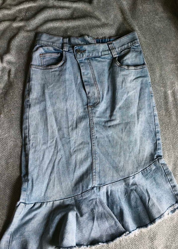 I. Denim Midi Skirt with Ruffle Hem