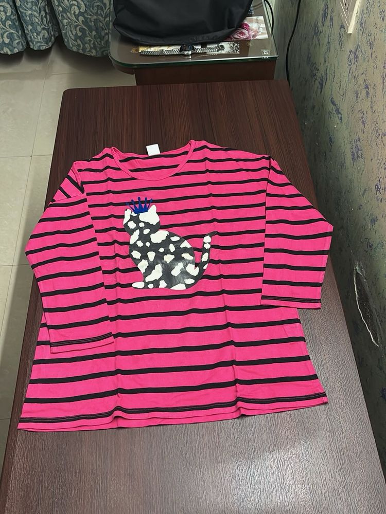 Pink &amp; Black Striped Top with Cat Print